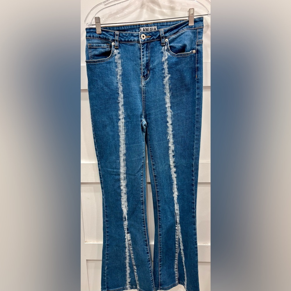 I.AM.GIA Blue Flare Mid Rise Jeans with Vertical Distressed Panels 70s Hippy